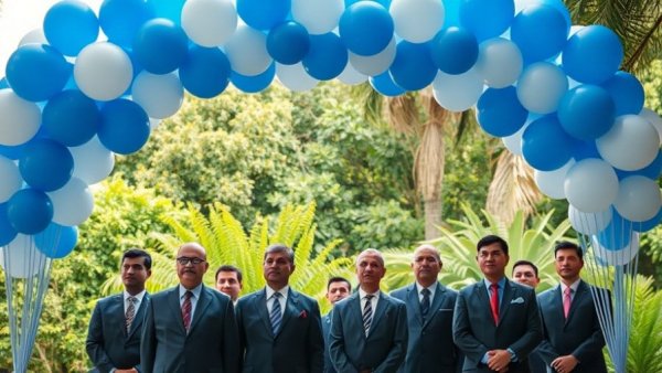 Executives in suits under a blue and white balloon arch, outdoor event.