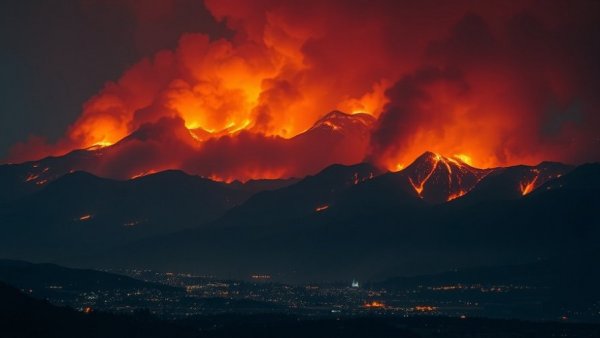 Nighttime Western Cape wildfire scene with glowing orange skies.