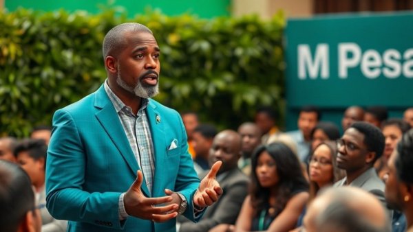 Speaker at M-Pesa event discussing achievements, dynamic presentation.