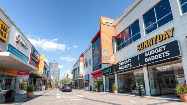 Sunnyday Gadgets Nigeria at Rhamat Plaza with business signs.