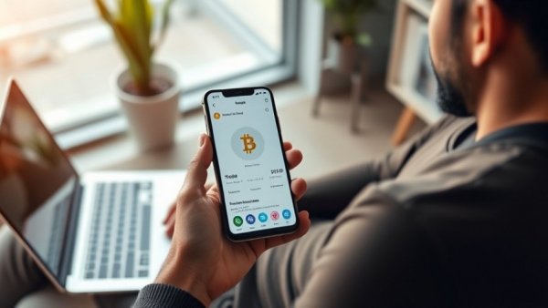 Person managing stablecoin payments using smartphone and laptop in a cozy setting.