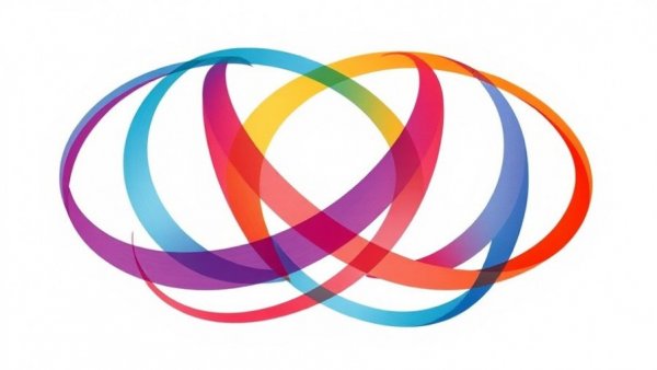 Dynamic abstract arcs design, vibrant intertwining colors on white.