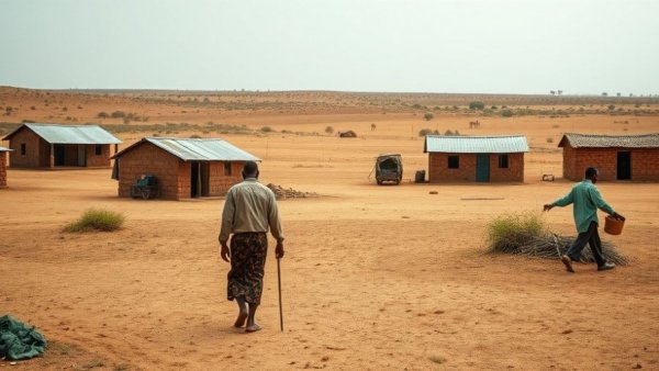 Somalia drought emergency with rural scene and two figures walking.