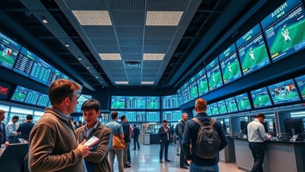 Customers in South Africa betting shop examining odds on screens.