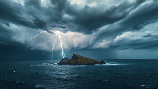 Dramatic lightning over island during storm, Asia extreme rainfall and cyclone impact.
