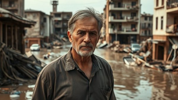 Communities struggle in Pakistan floods recovery: somber man amid debris.