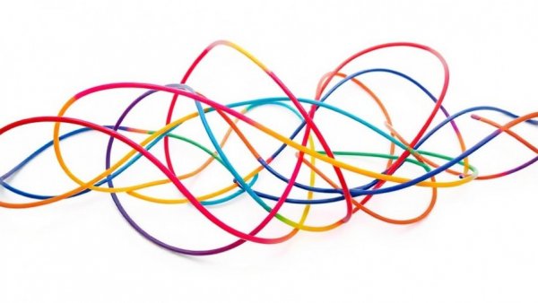 Dynamic abstract design with interwoven colorful lines.