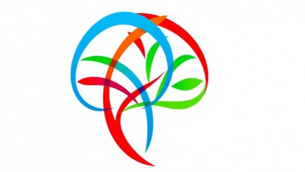 Vibrant abstract logo in red, blue, and green arcs forming tree-like shape.