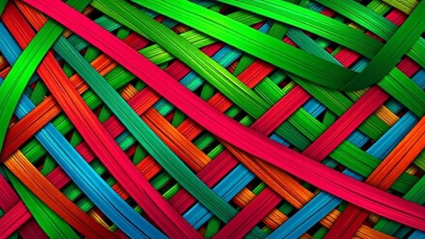 Abstract woven design with intersecting colorful lines.