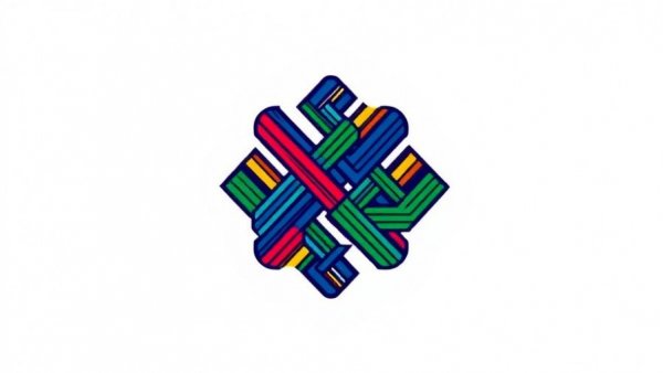 Abstract woven pattern logo, colorful lines intersecting.