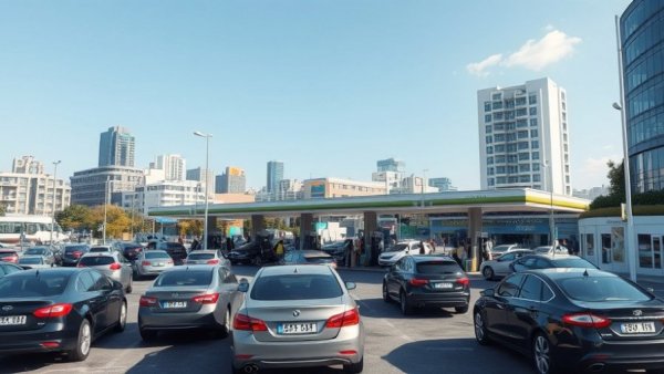Urban gas station scene during Iran gasoline prices hike, cars refueling.