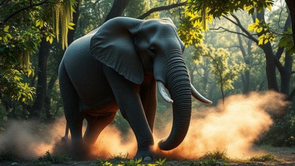 Elephants in forest stirring dust, highlighting reducing human-elephant conflict.
