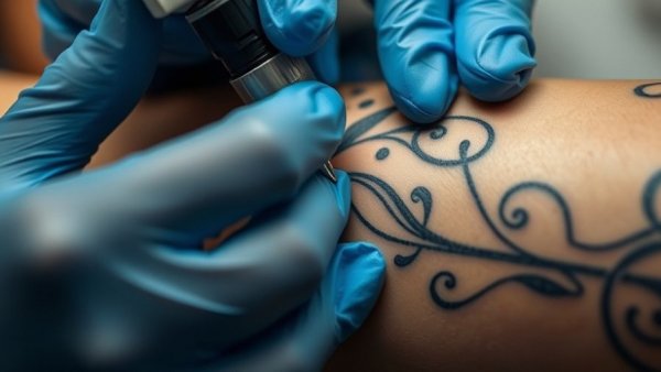 Close-up of tattoo application process, blue-gloved hands.