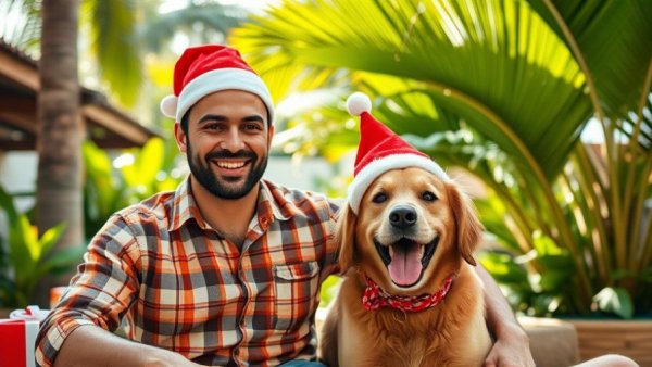 Festive man and dog at Lagos Dog Carnival in tropical garden