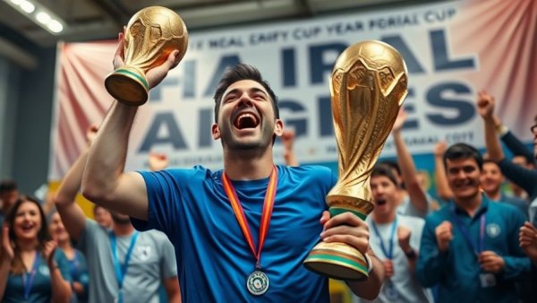 FIFA World Cup winner jackpot celebrated by holding trophy.