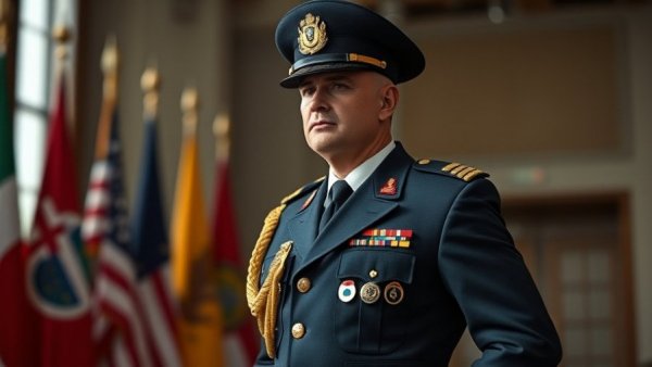 Military officer standing in front of national flags indoors.