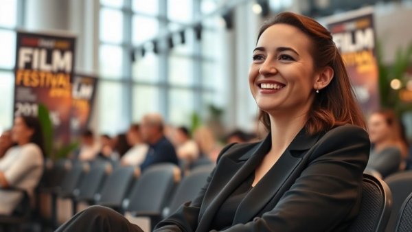 Arab female director at cinema event, smiling indoors.
