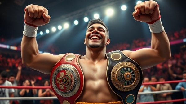 Anthony Joshua victorious with championship belts, celebrating in boxing ring.