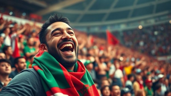 Excited fan in Morocco holding a scarf in a lively stadium.