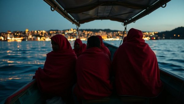 Migrants at sea near Spain, wearing red blankets at dusk, highlighting migrant deaths at sea Spain 2025.
