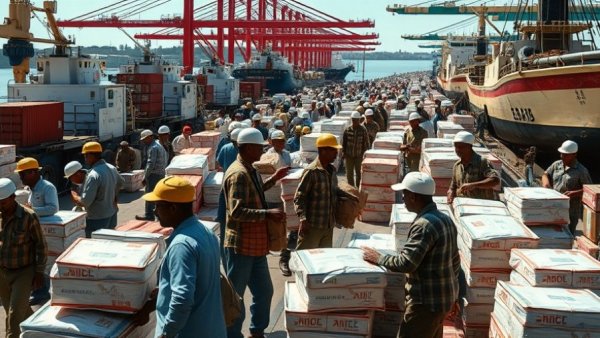 Dock workers unloading aid supplies for support in Mogadishu.