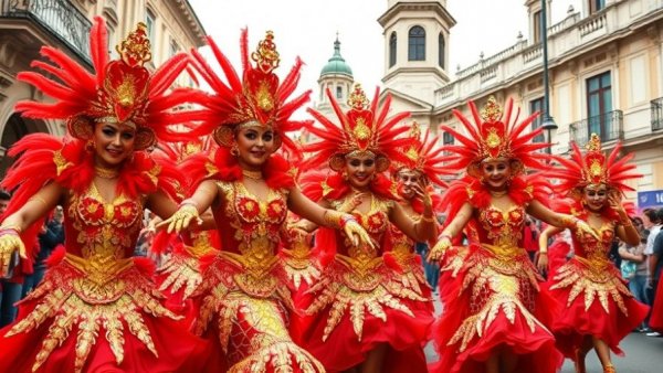 Calabar Carnival Nigeria 2023: Vibrant performers in red and gold costumes dancing.