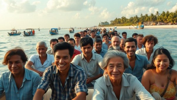 Gambia migrant boat capsizes, beach scene with boats and people.