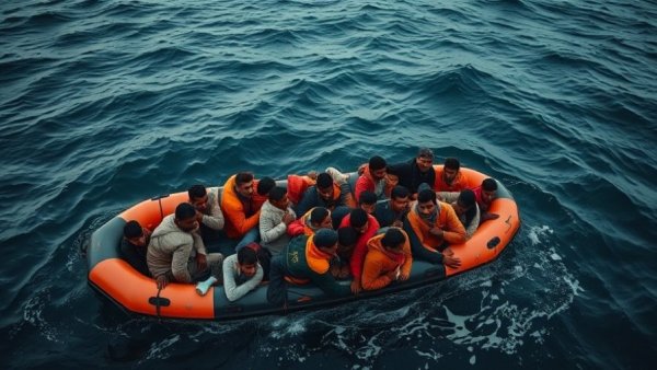 Migrants' Treacherous Journey depicted on an inflatable boat amidst the open sea, lifelike and detailed.