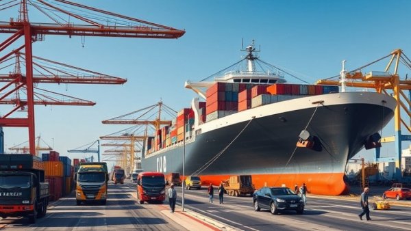 Cargo ship in Somali port with workers, bright day