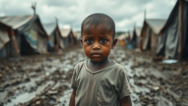 Child in Gaza refugee camp during humanitarian crisis under cloudy skies.