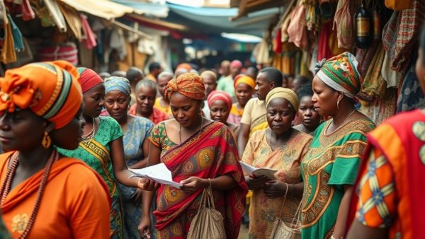 Women negotiating prices in a bustling Nigerian market, vibrant scene.