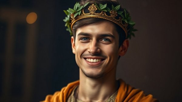 Portrait of a young man in a golden robe with laurel crown.