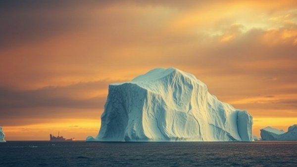 Majestic iceberg under golden sky, representing global warming crisis.