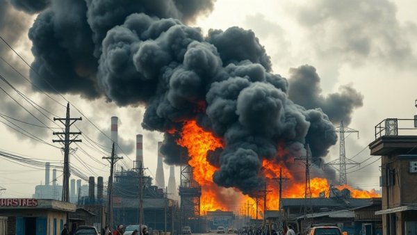 Intense industrial fire amid humanitarian truce in Sudan.