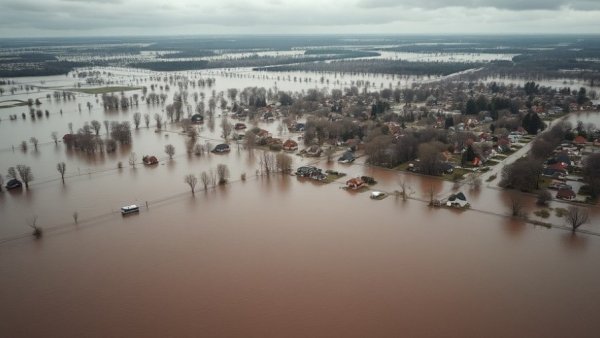 Aerial view of Southern Africa floods with submerged houses and greenery.