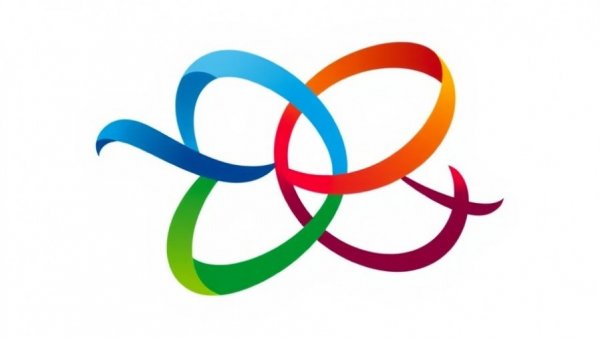 Abstract logo with colorful interwoven strands, unity theme.