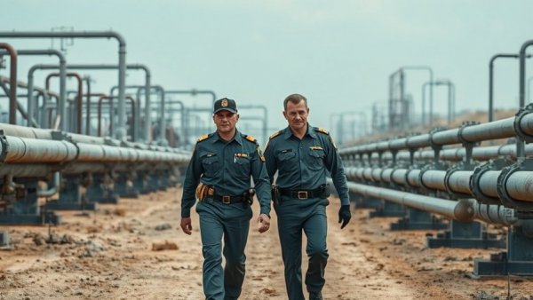 Men walking among oil pipes during Sudan energy crisis.