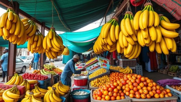 Vibrant fruit market in Khartoum as business returns, colorful and busy.