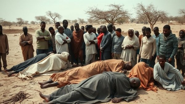 Sudan humanitarian crisis: somber gathering near covered bodies.