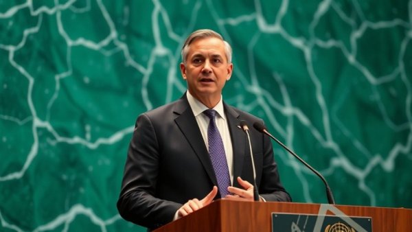 Man speaking at podium, international conference, formal attire.