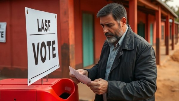Voter at Guinea-Bissau elections casting ballot outdoors.