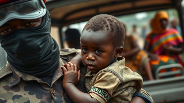 Nigerian child carried by security amid kidnapping surge scene.