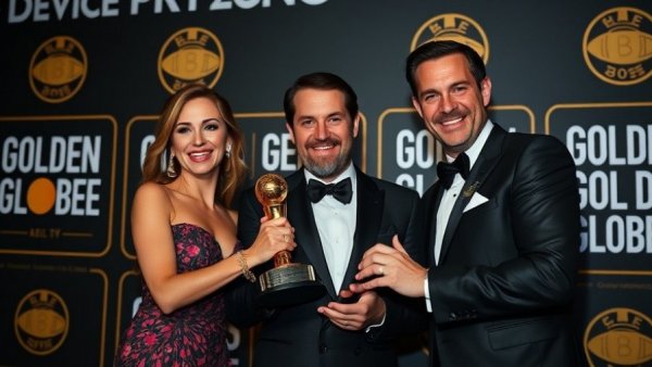 Celebration at awards show with golden trophy, Oscar nominations context.