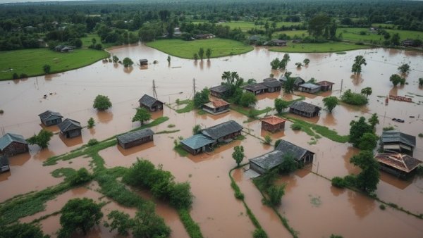 Mozambique village amid floods with submerged homes and greenery.