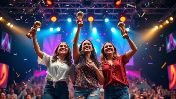 Women celebrating victory at a singing contest in Rio prison.