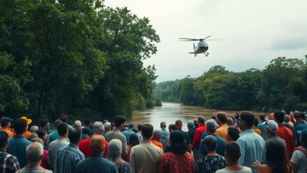 Helicopter over flooded river in Limpopo, crowd watches with concern.