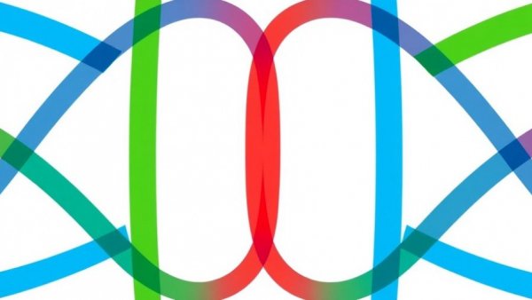 Colorful geometric design with intersecting stripes in blue, red, green.