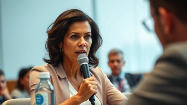 Serious female speaker discussing investigation at a meeting.