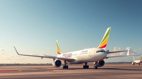 Ethiopian Airlines plane on tarmac with clear skies, Ethiopia Flight Cancellations Tigray.