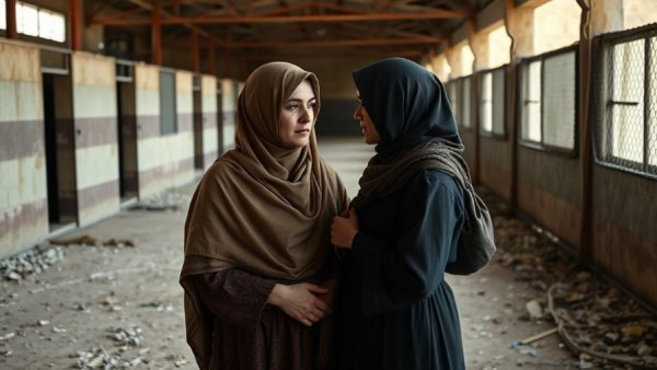 Two women talking in a Syrian detention camp, highlighting hardship.